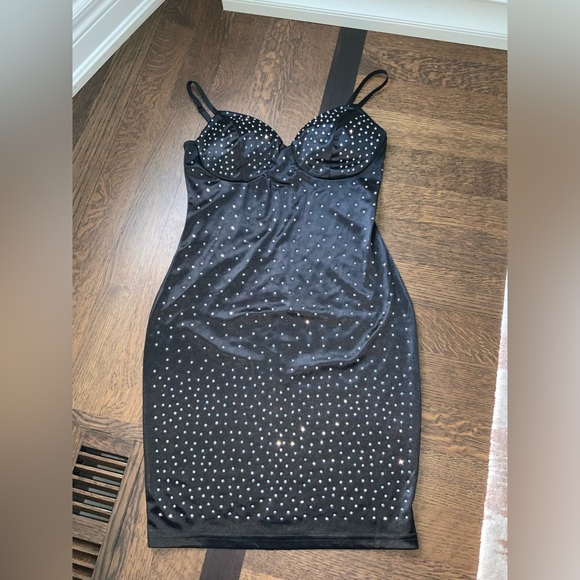 YAYA & CO. Black Satin Crystal Diamond Embellished Evening Midi Dress Size Large - Picture 2 of 16